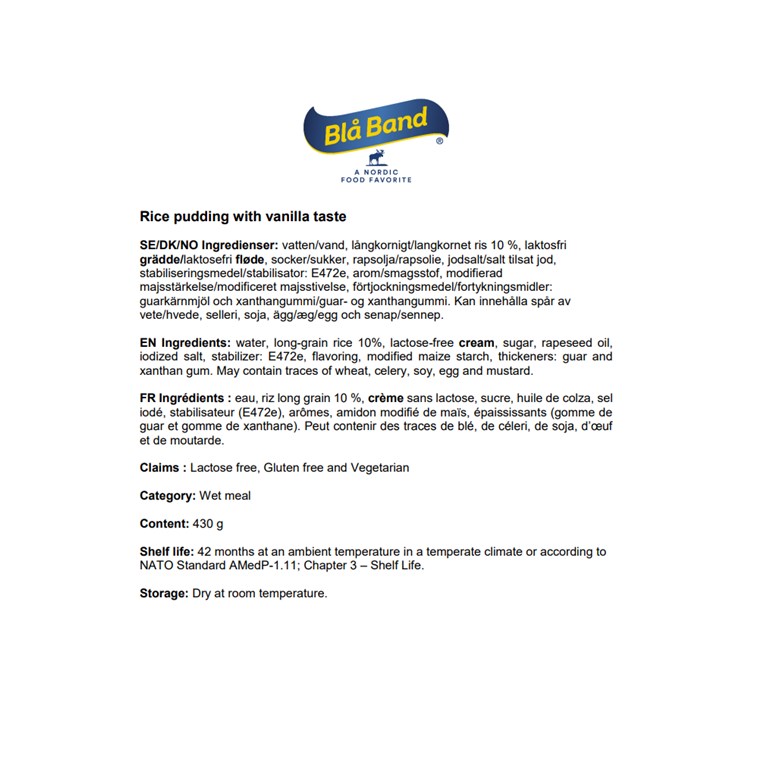 Blå Band Rispudding med vaniljsmak