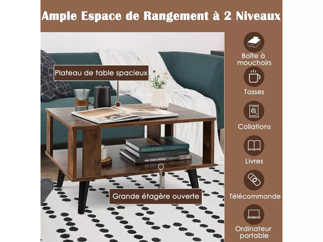 Table basse à 2 niveaux, table d'appoint industriel 4 jambes patins antidérapants 70 x 50 x 41 cm