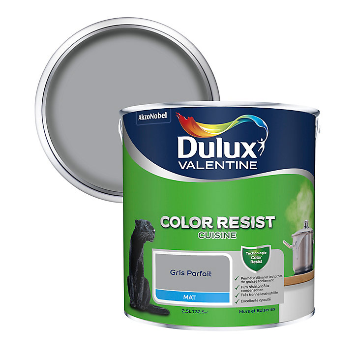 Peinture murs et boiseries Color Resist cuisine Dulux Valentine mat gris parfait 2,5L