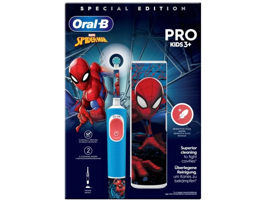 Oral-B Vitality Pro Kids Spiderman, Barn, Roterende, pulserende tandbørste, Daglig pleje, Sensitiv, Super sensitive, Blå, Rød, 7800 Omdrejninger pr. minut, 4 x 30 sek.