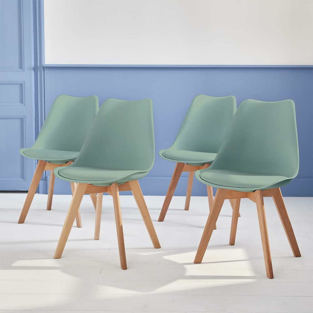 Lot de 4 chaises scandinaves. Pieds bois de hêtre. Chaises 1 place. Vert céladon