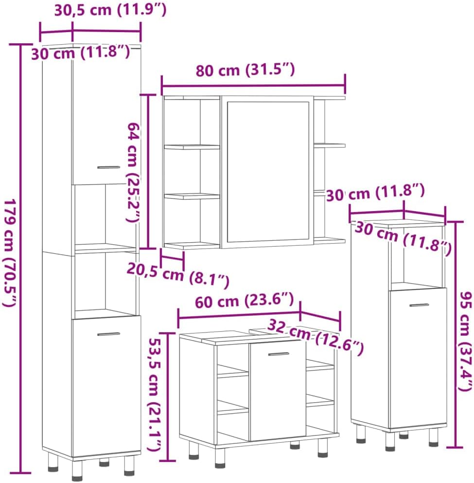 vidaXL Badmöbel Set 4-TLG., Badschrank mit Stauraum, Waschbeckenunterschrank für Badezimmer, Hochschrank Badezimmermöbel, Sonoma-Eiche Holzwerkstoff