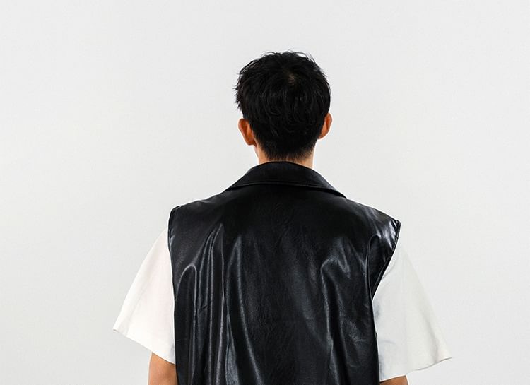 Omozando - Effen imitatieleren bikervest met rits