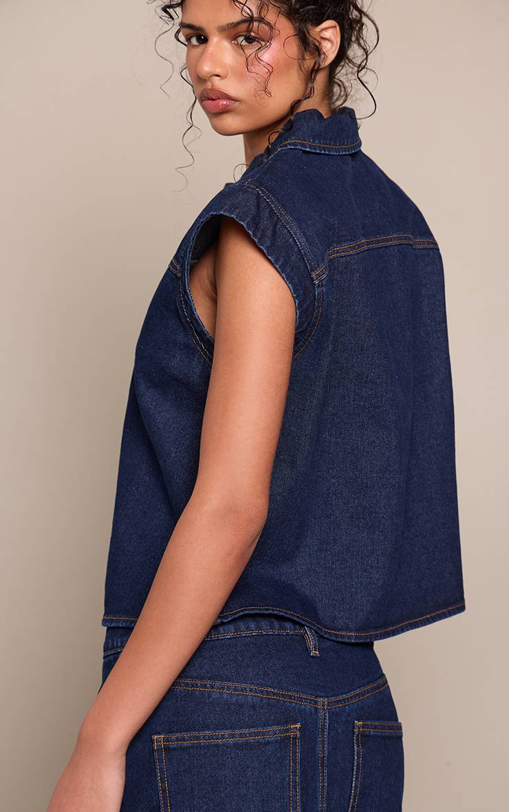 Bleu Indigo Haut En Denim À Boutons Avec Épaules Structurées