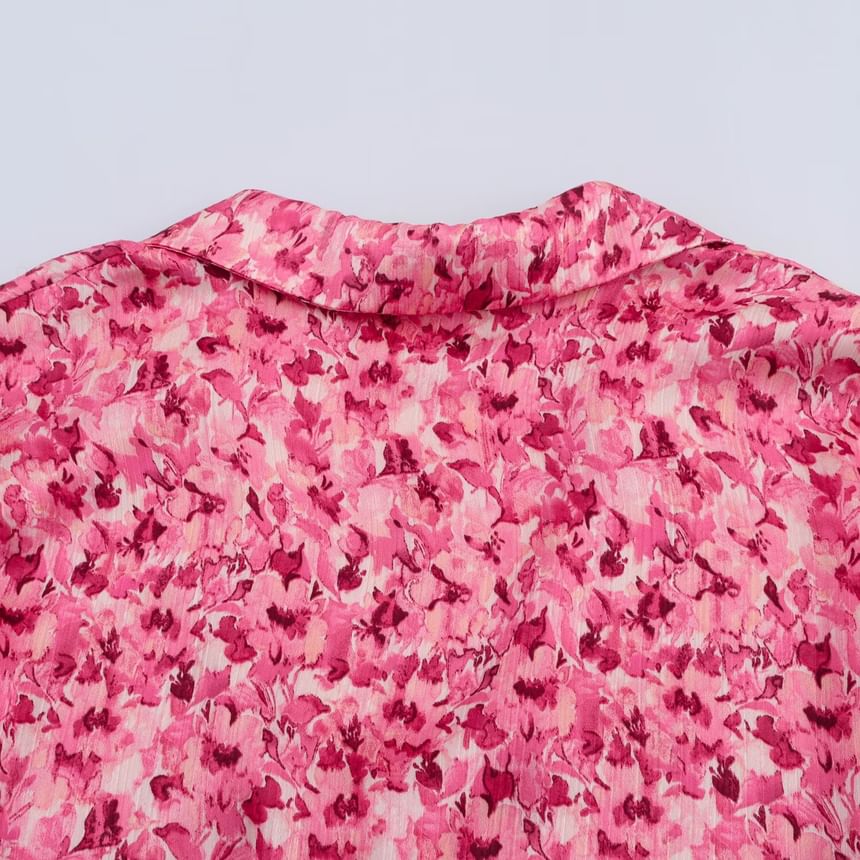 Cumulys - Mini A-lijn jurk met lange mouwen, V-hals, kraag en bloemenprint