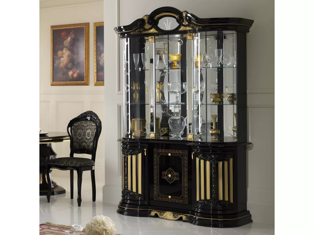 Vitrine 5 portes battantes 3 tiroirs Noir/Or à led - ADELE - L 139 x l 50 x H 213 cm