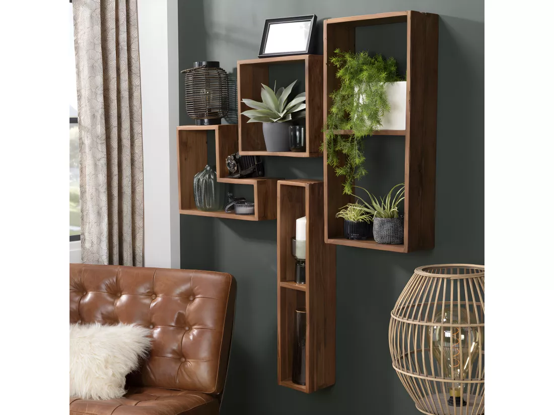 ALIDA - Étagère murale marron rectangulaire 2 niches bois teck recyclé