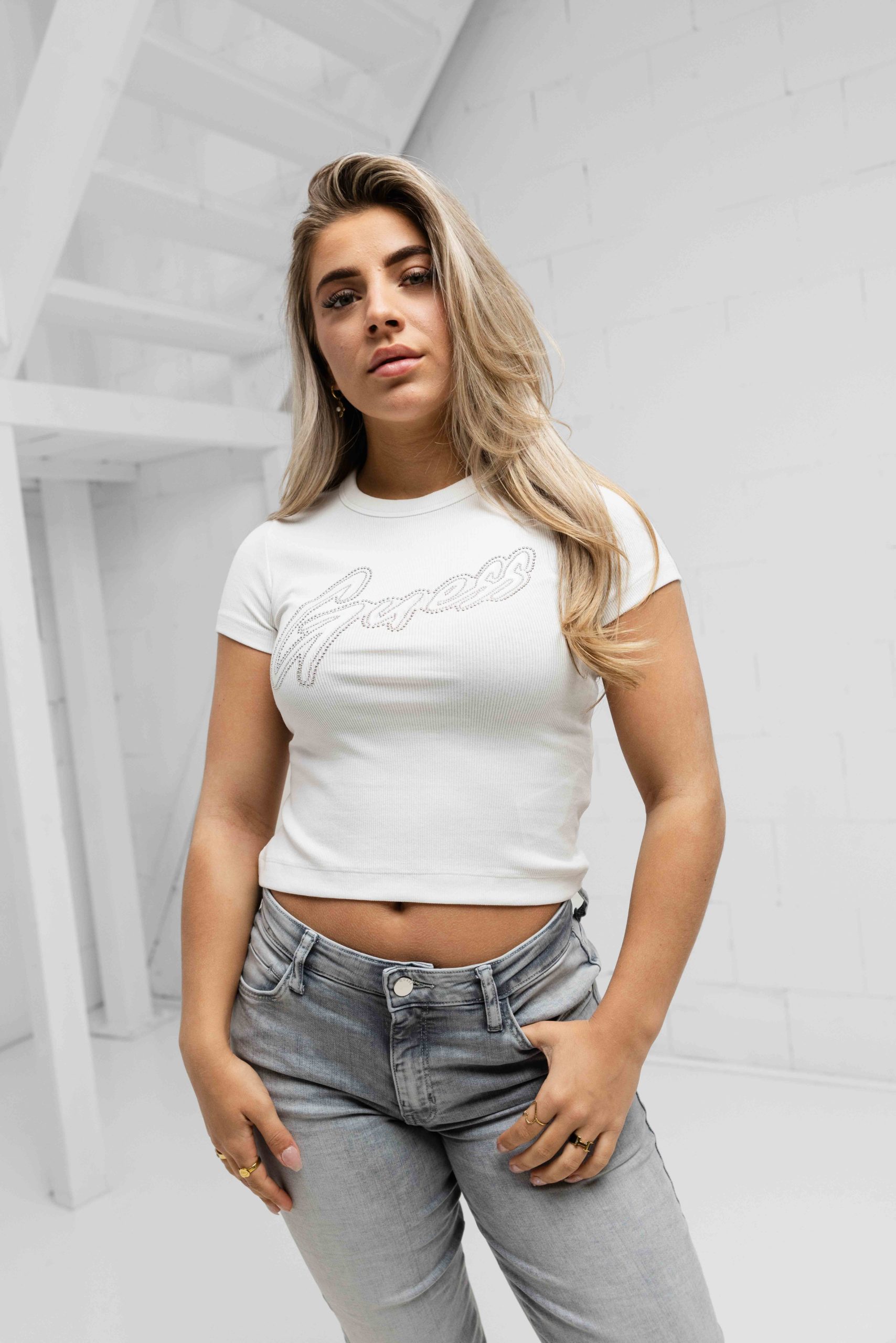 Guess Rib Logo T-Shirt Dames Wit