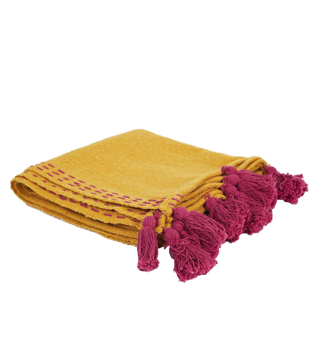 Jeté de canapé surpiqué avec Pompons - Jaune et rose