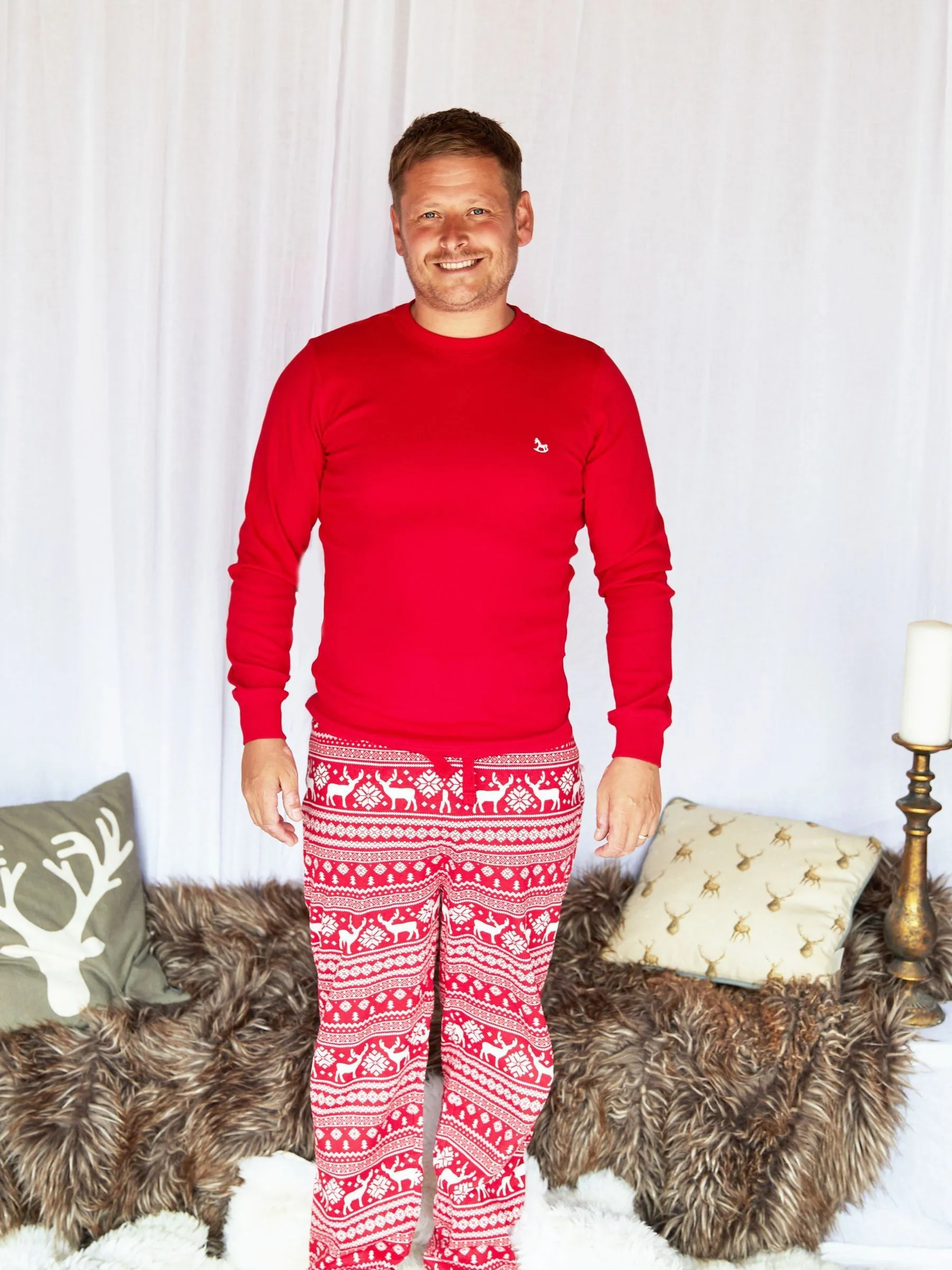 Rood - The Little Tailor kerstpyjama voor heren met rendier en fairisle-patroon