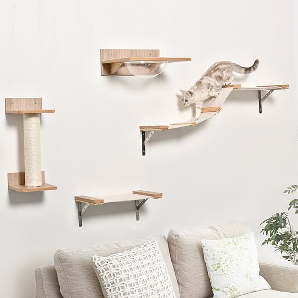 Sett For Katter Med Skrapestolpe, Kattetrapp Og Hengekøye, Lysebrun, Sisal, Akryl, Furu