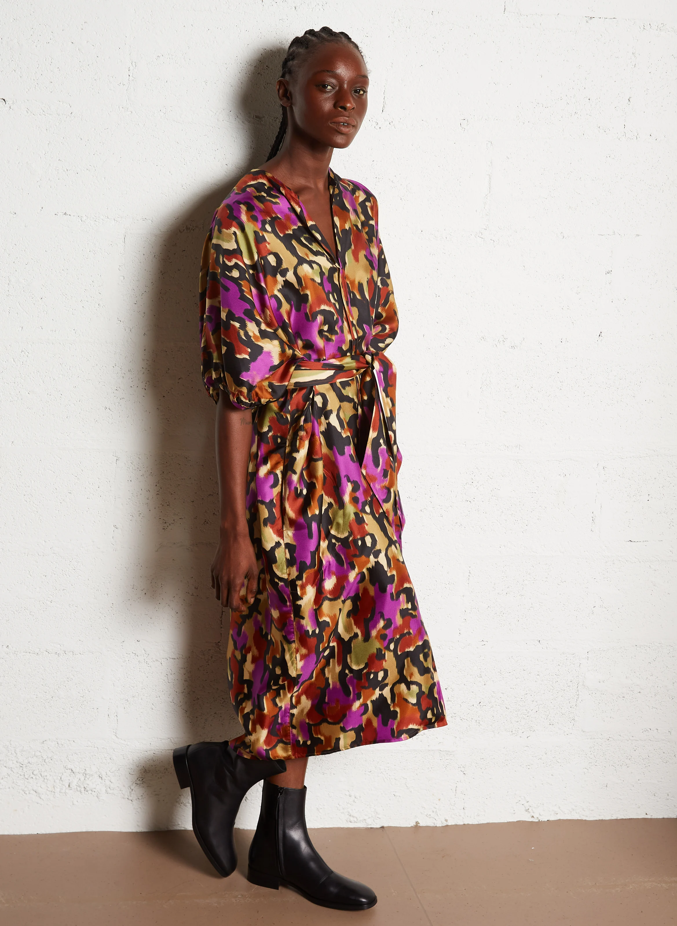 ALGER - Robe midi col V en soie | Multicolore