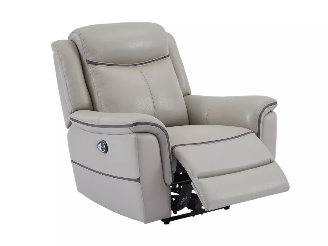 Canapé 3 places et fauteuil relax électrique en cuir gris clair ADELIO