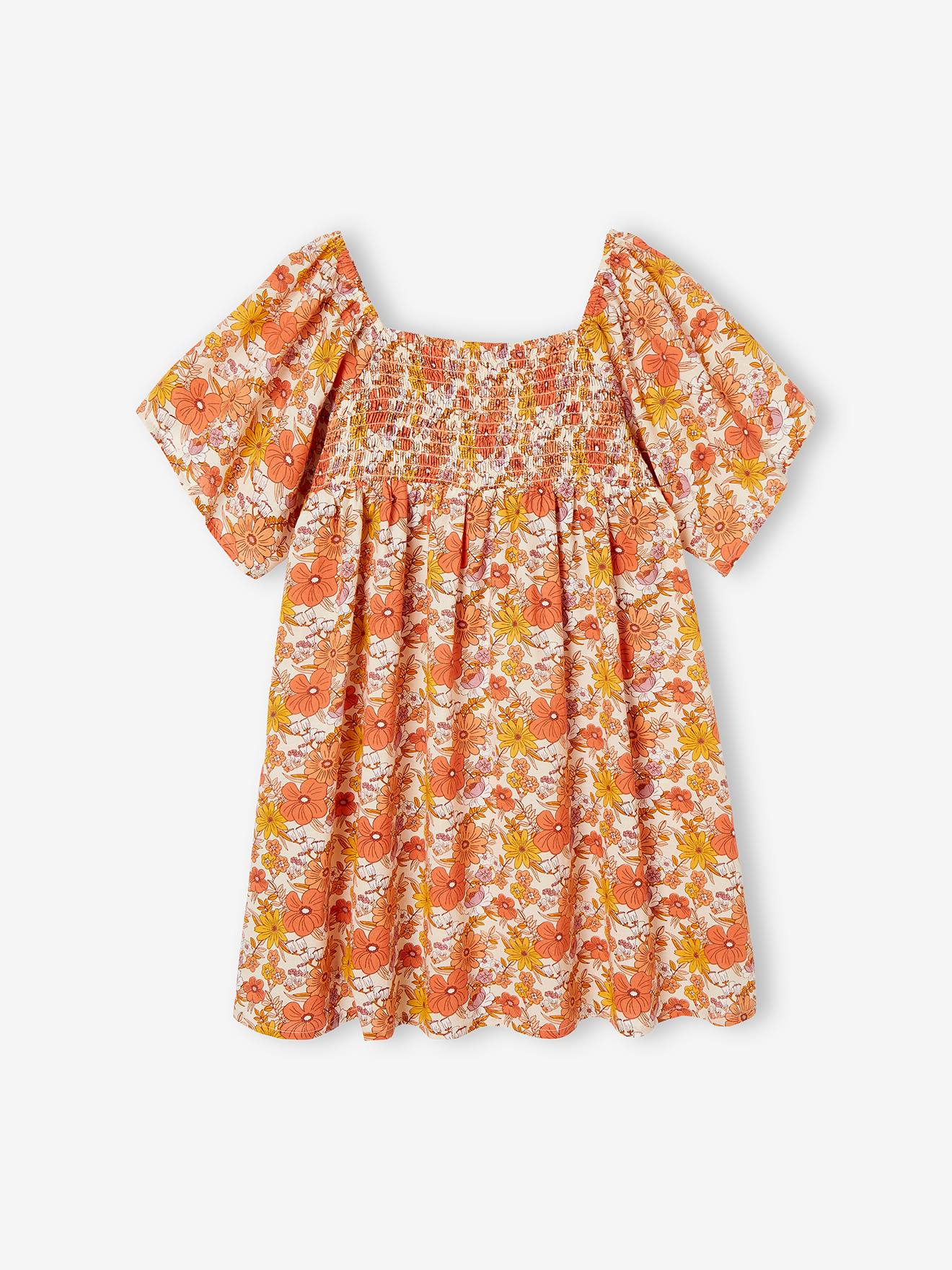 Vestido nude com estampa floral e detalhes franzidos para meninas