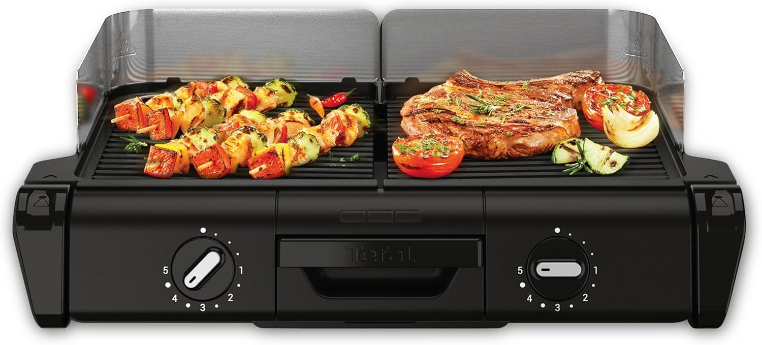 Tefal BBQ Family Elektrischer Tischgrill, 2 getrennte Grillflächen, 2 Thermostate, antihaftbeschichtete Alu-Druckguss Grillplatten, spülmaschinengeeignet, extra tiefe Rillen, Schwarz/Silber, TG800N10