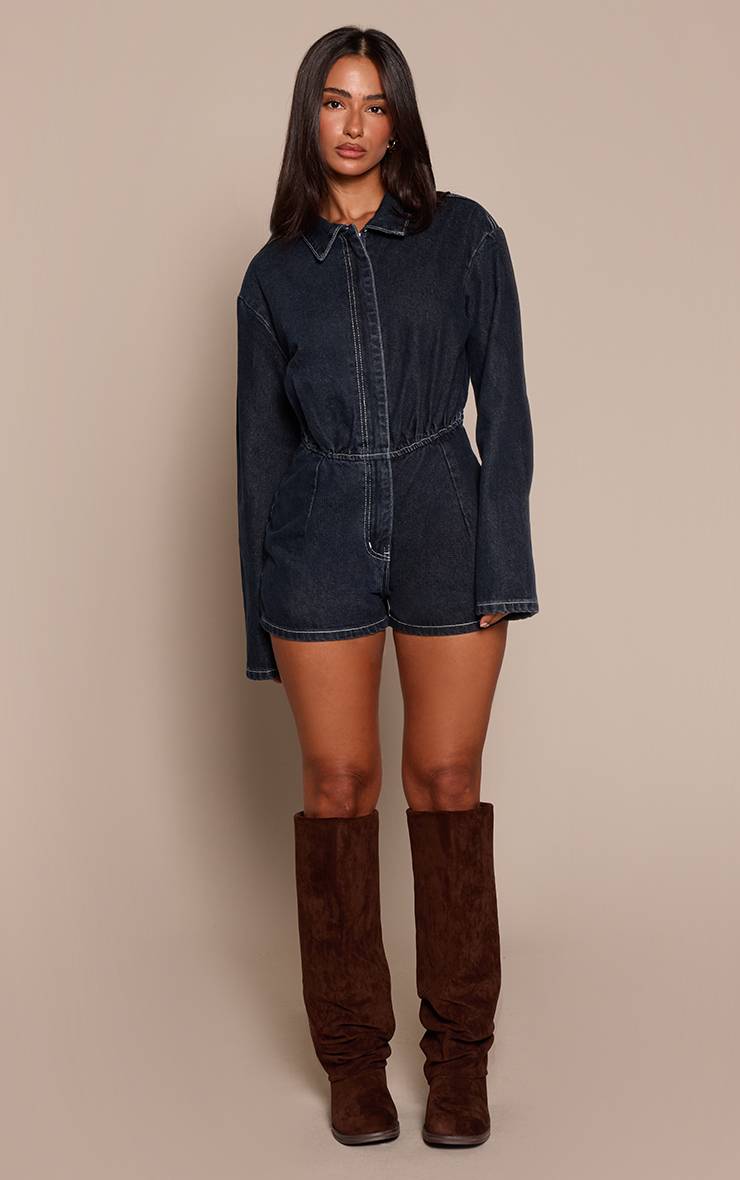 Bleu Indigo Combinaison-short Petite En Denim Brut Indigo À Manches Longues