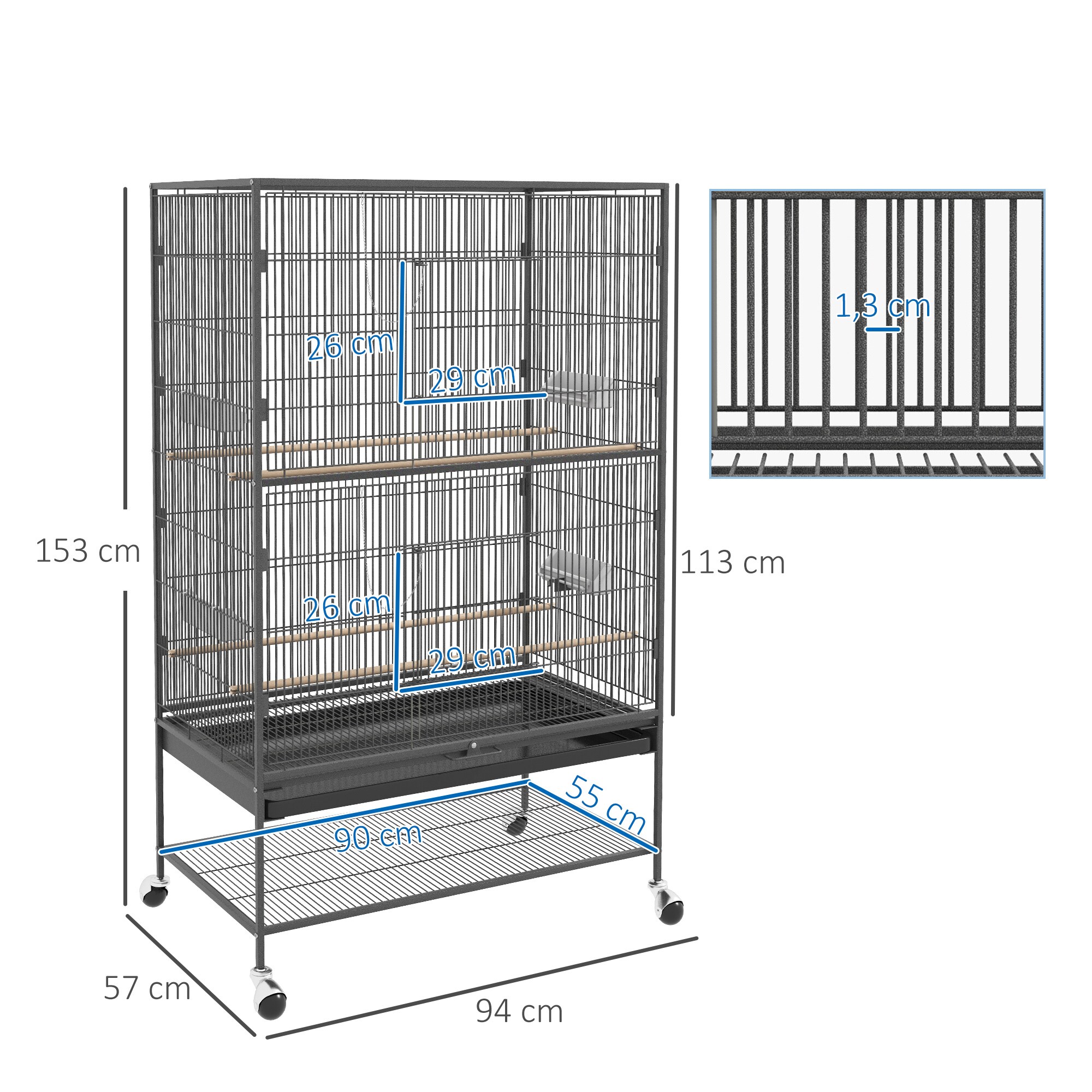 PawHut Vogelkäfig mit Rollen grau 94L x 57B x 153H cm