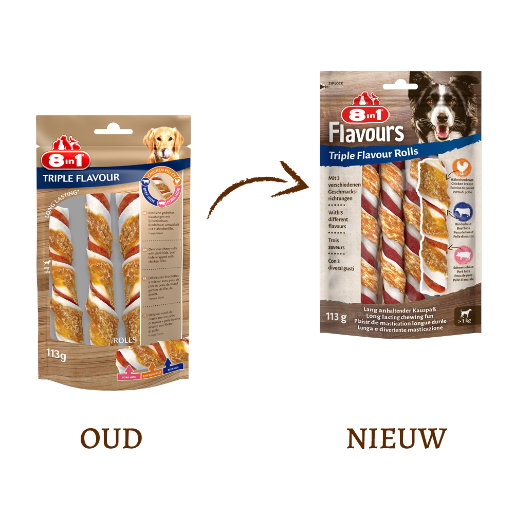 8in1 Triple Flavour Rolls - Hondensnack - 3 Stuks - kip, rund