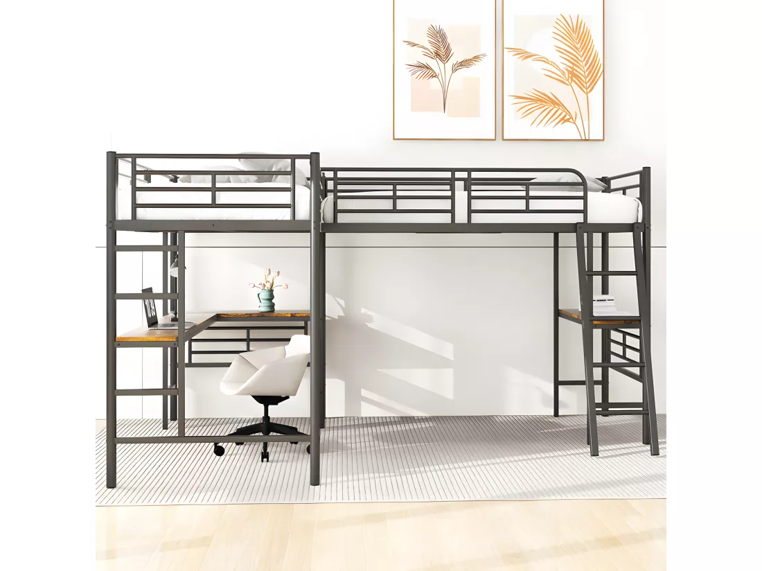 Lit mezzanine - 2 lits 90x200 cm - 2 bureaux sous le lit - Noir