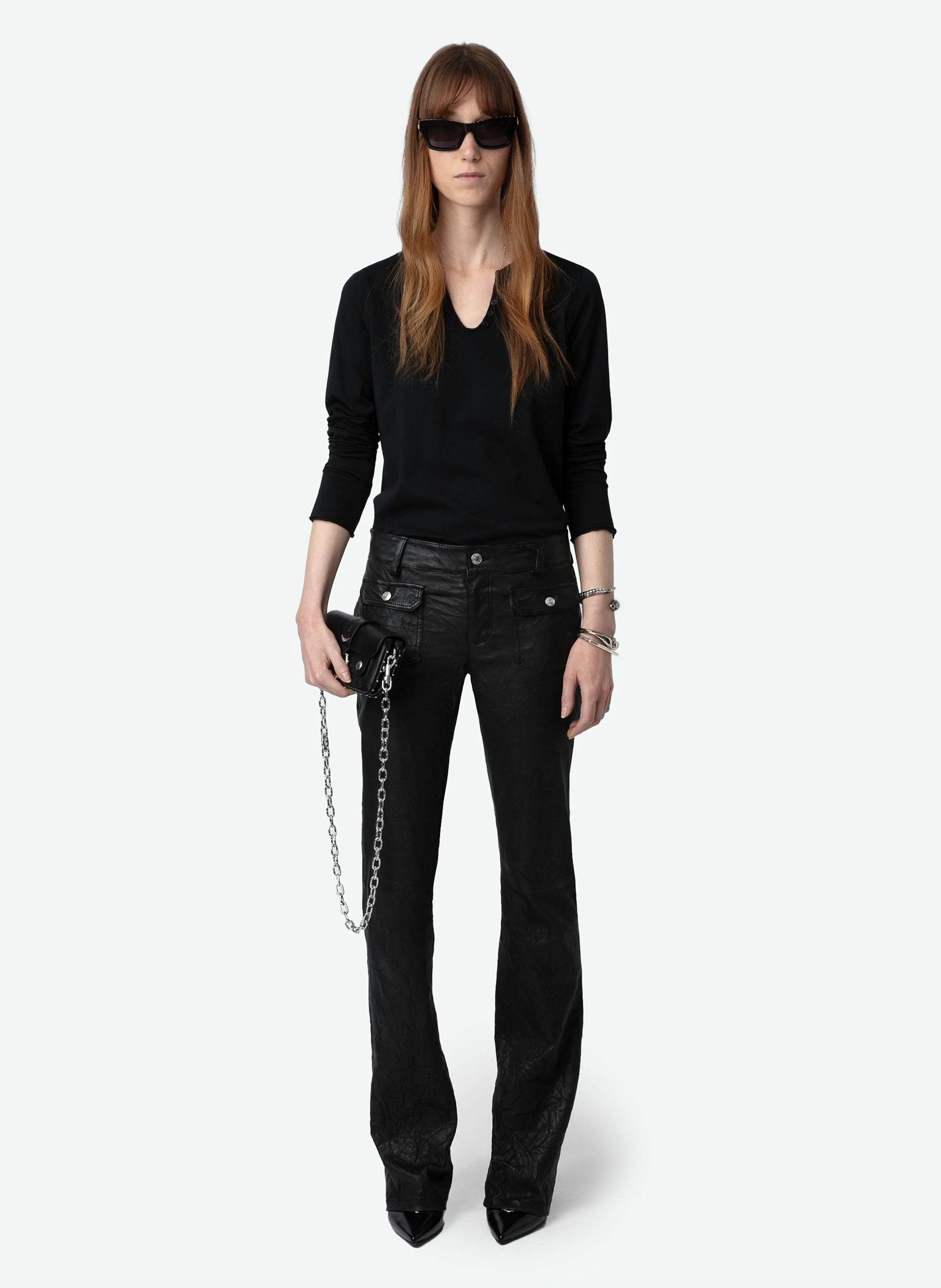 Pantalon droit taille normale en cuir | Noir