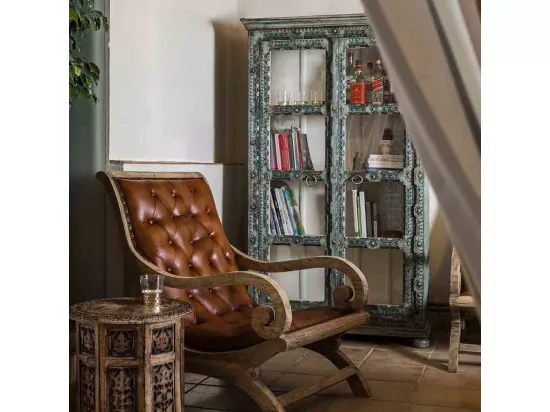 Fauteuil en bois et cuir marron 65x98x94h