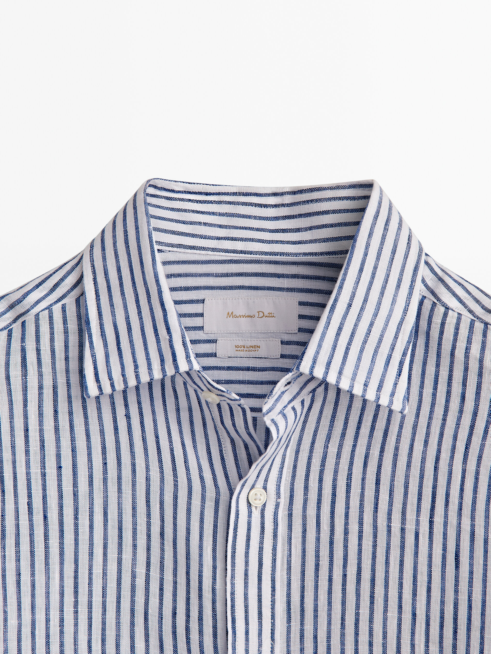 Camisa de linho com micro listras e modelagem regular - AZUL ESCURO
