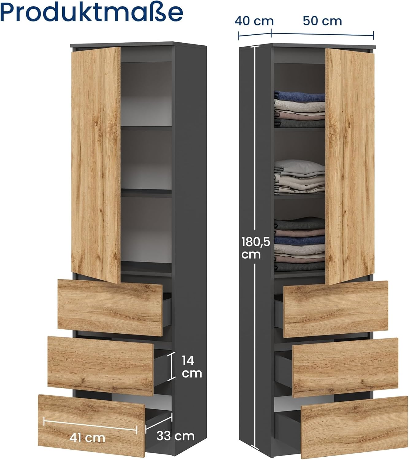 Home Collective Kleiderschrank, Garderobenschrank, Mehrzweckschrank mit 3 Einlegeböden & 3 Schubladen | Schrank für Schlafzimmer, Flur oder Arbeitszimmer | 50x40x180 cm (BxTxH) | Anthrazit-Eiche