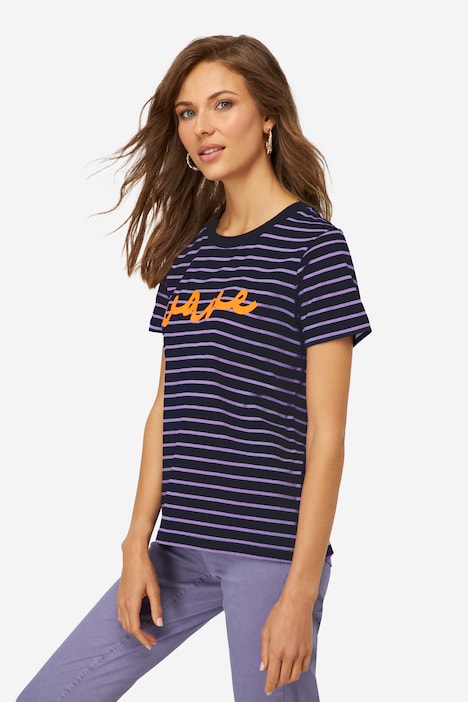 T-Shirt, Ringel, Statement Stickerei, Rundhals, Halbarm, OEKO-TEX