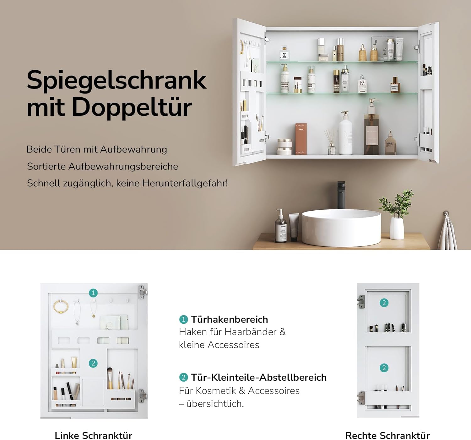 EMKE Spiegelschrank Bad 80×65×14,5 cm aus Aluminium, Weiß Matt, Doppeltür mit Aufbewahrung, 2 verstellbare Glasböden, Soft-Close, vormontiert & rostfrei, Badezimmer Spiegelschrank zur Wandmontage