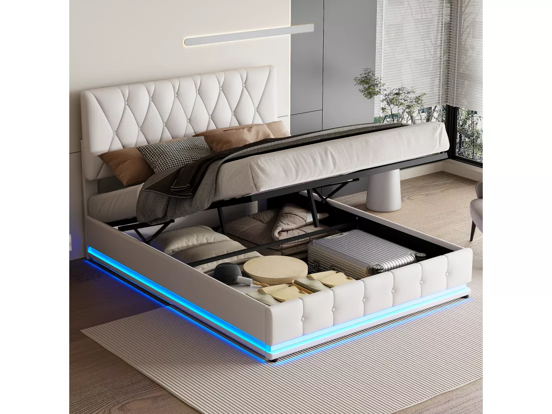 Lit coffre 140x200 cm avec tête de lit diamant, éclairage LED et coffre de lit, relevage hydraulique, sommier à lattes, lit adulte style contemporain, simili cuir - Blanc