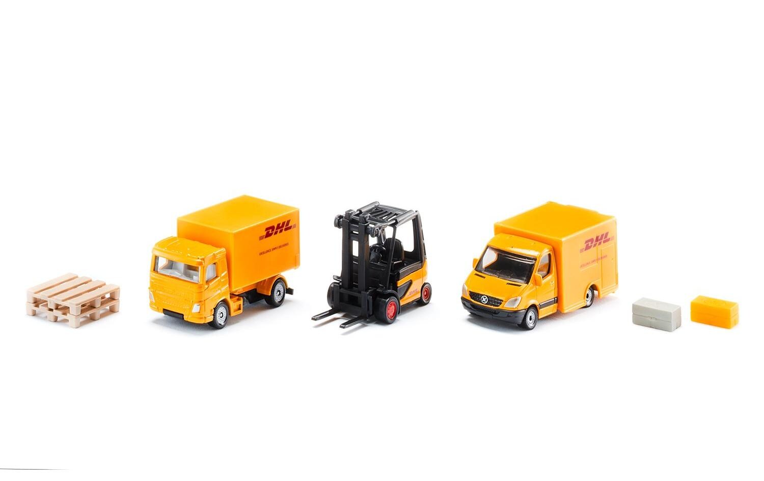 DHL Logistik Set 3 FahrzeugeSiku Super Geschenkset mit Lastwagen, Lieferwagen und Gabelstapler