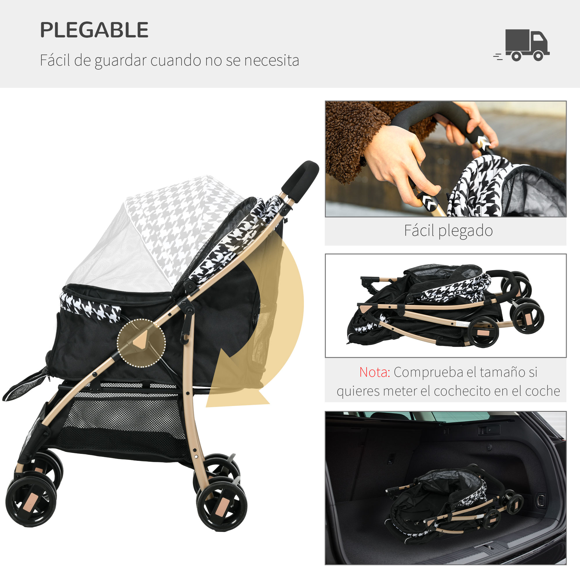 Carrinho dobrável para cães PawHut, com 2 portas, janela de tela, cesto de armazenamento, corda de segurança e almofada, 80x44,5x97 cm, preto.