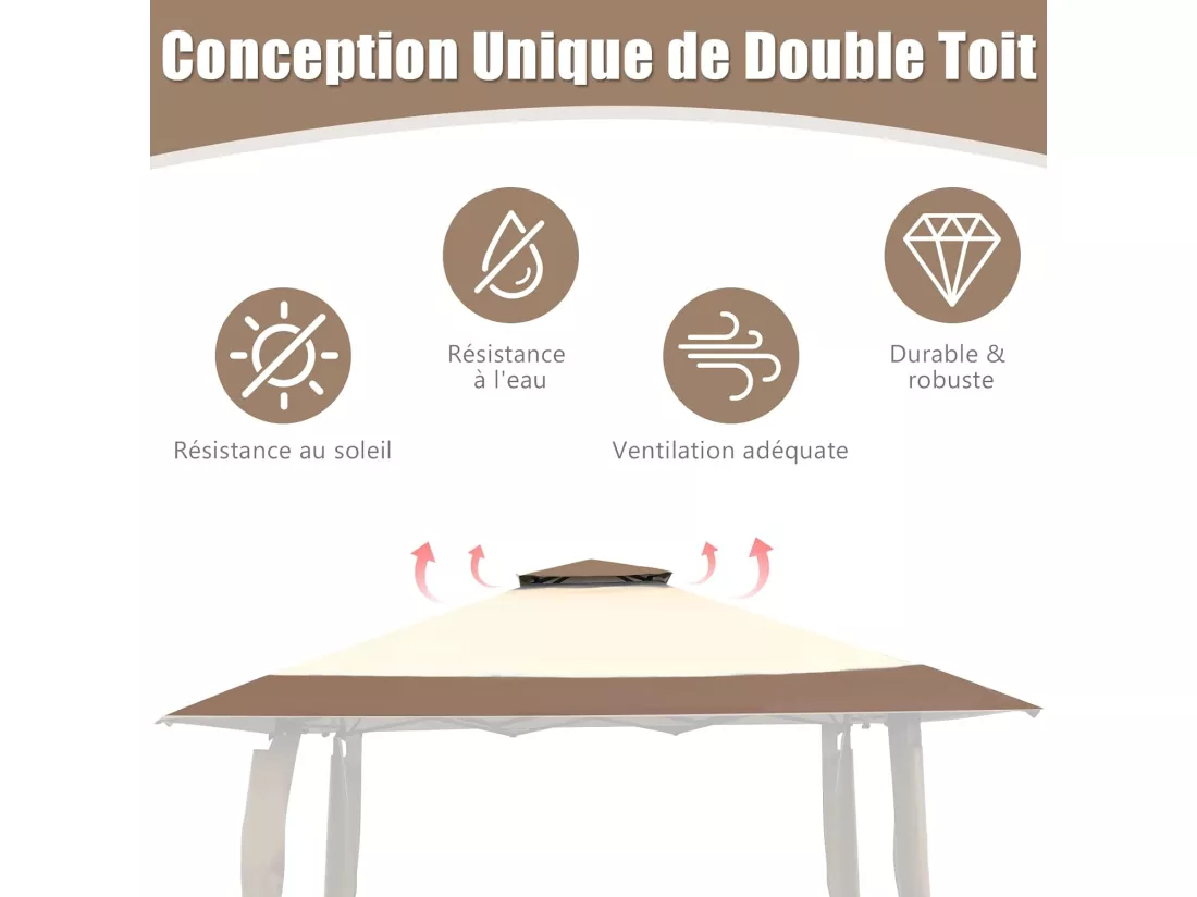Tonnelle Barnum de Jardin Pliante Pop-up 3,95x3,95M 2 Toit Ventilés Tissu et velours Oxford 3 Hauteurs Réglable Sac de Rangement（Marron)