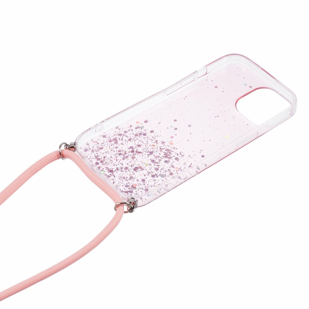 iPhone 12 / iPhone 12 Pro Necklace Gummi Hülle im Glitzer Design   Handykette (140cm) - Rosa / Transparent