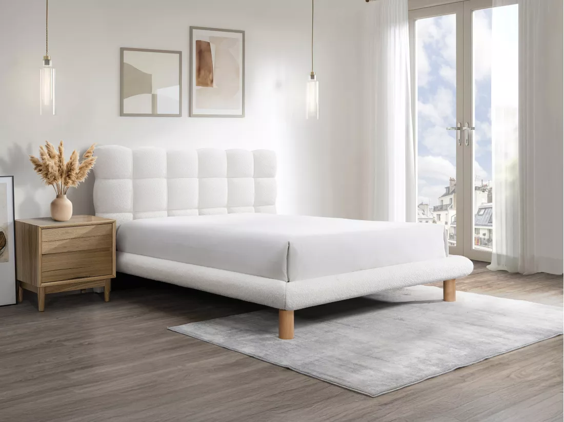 Lit avec tête de lit matelassée 160 x 200 cm - Tissu bouclette - Blanc - FUDALI