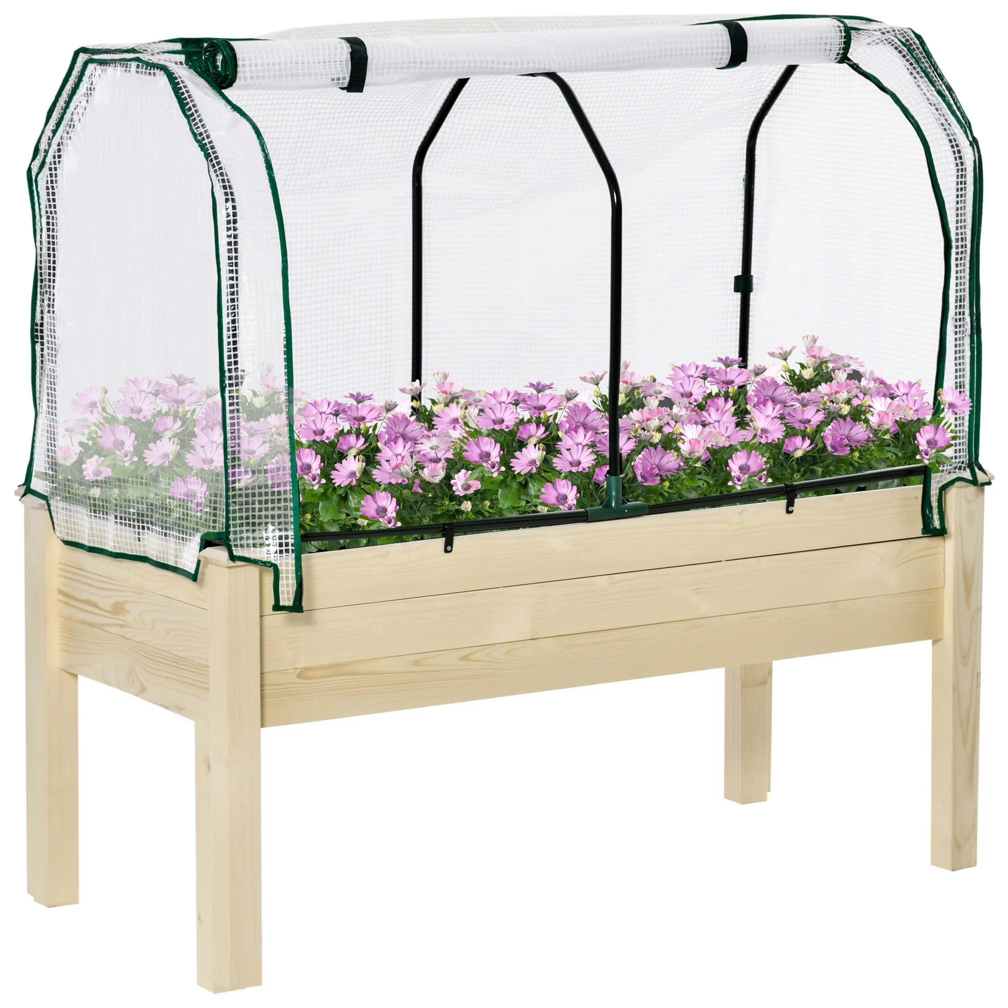 Horta urbana elevada de madeira Outsunny, 121x55x117 cm, com cobertura protetora, mesa para plantio de flores e vegetais em terraços e jardins, cor natural.