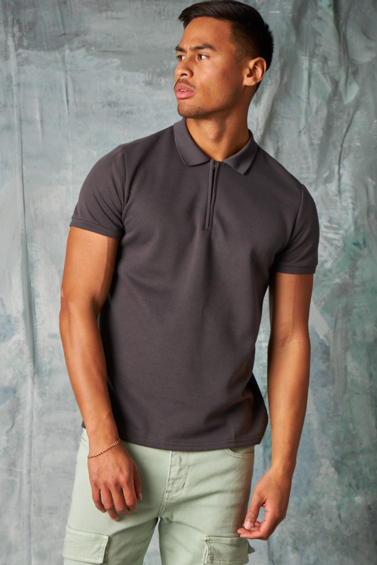 Polo manches courtes à col zippé gris anthracite