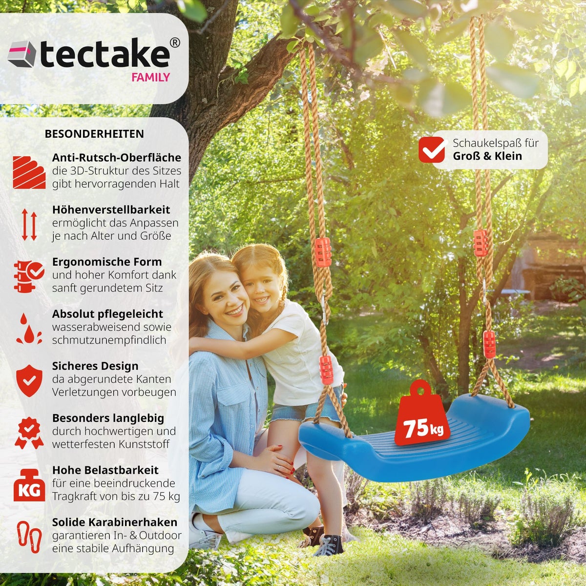 tectake Swifty schommelzitje, antislip, draagvermogen 75 kg, inclusief karabijnhaak