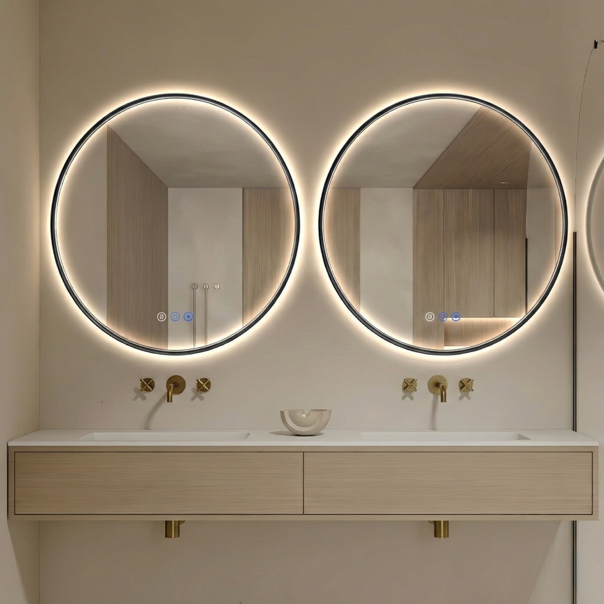 Set van 2 Saniclear Circle Black ronde spiegels met verwarming, direct en indirect licht mat zwart 70cm