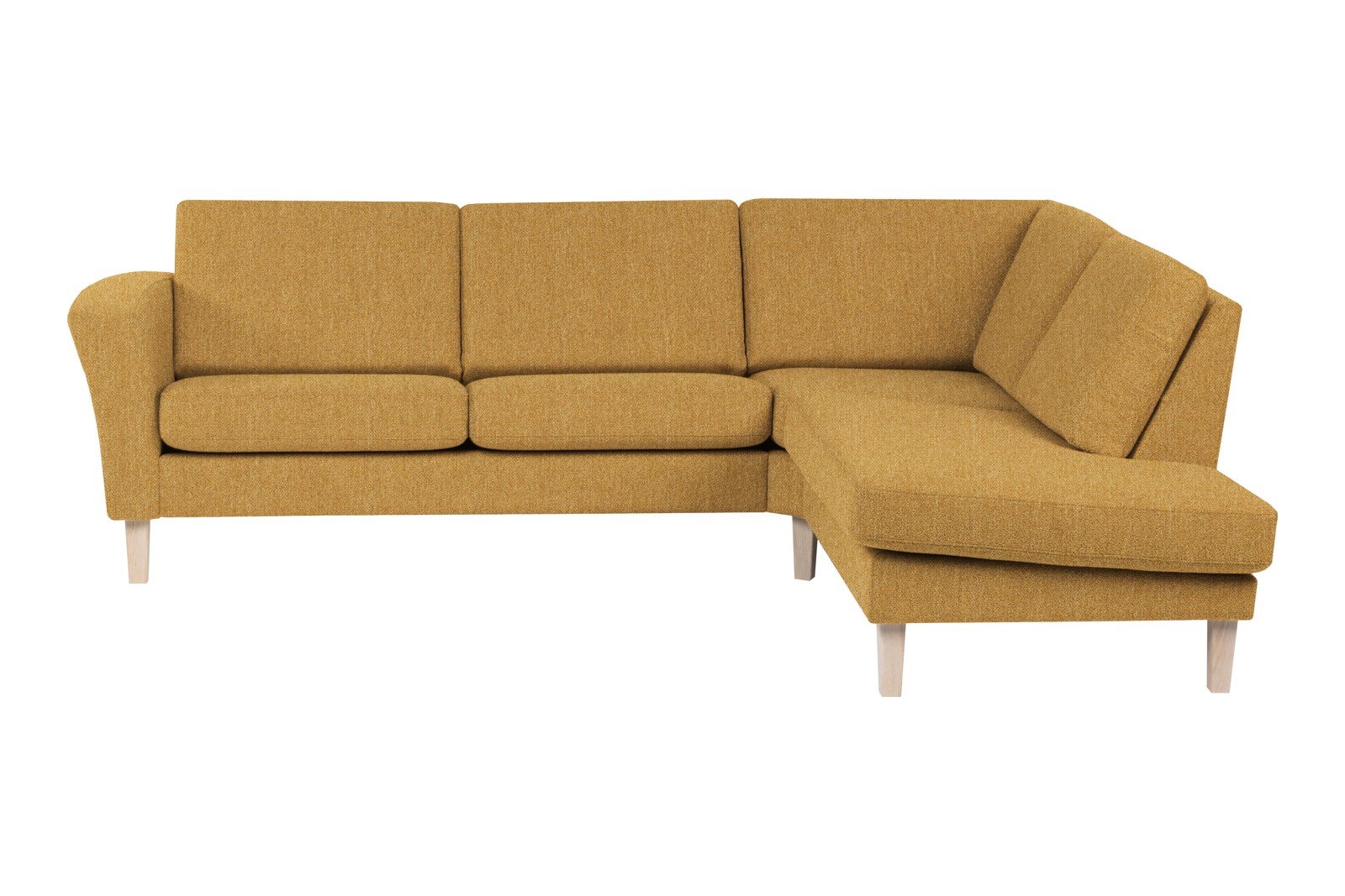 Slogen hjørnesofa Oppsett AH. 2,5-seter med åpen ende høyre. Tekstil Viva Golden med standard ryggpute. Vange A og hvitpigmentert ben 178.