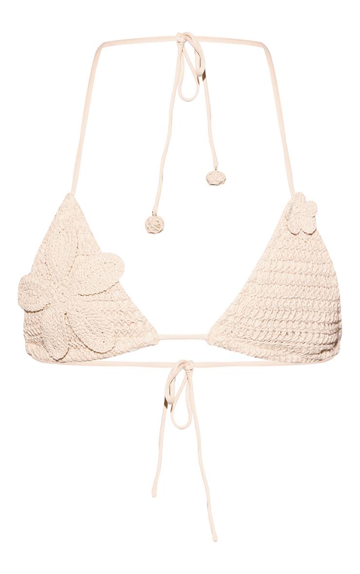 Crème Haut De Bikini Triangle En Crochet Avec Appliqué Fleur