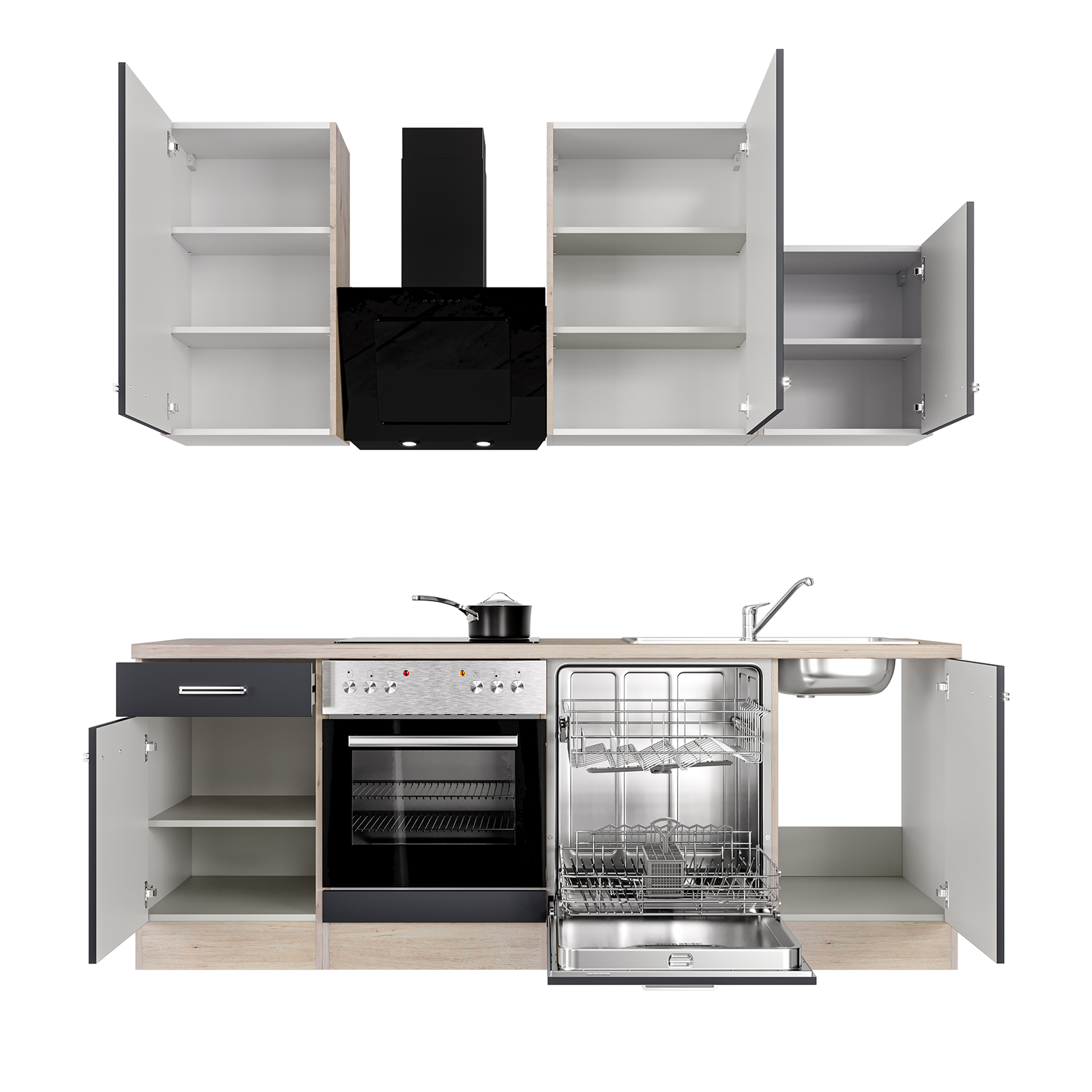 Küchenblock RISENTO - anthrazit-San Remo Eiche - mit E-Geräten - 220 cm