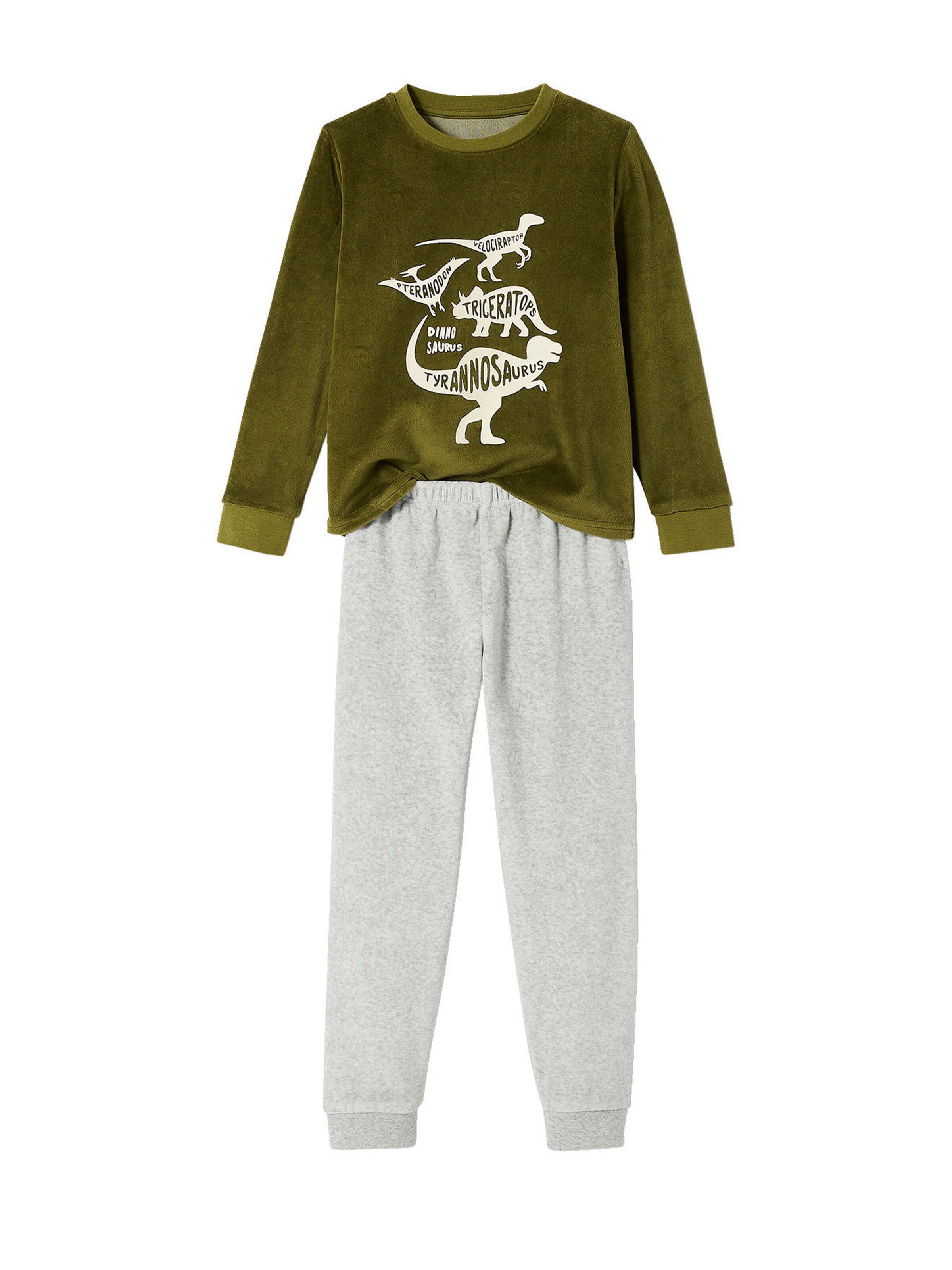 Vertbaudet 2er-Pack Jungen Samt-Schlafanzüge, Dinos BASIC pack grün/marine