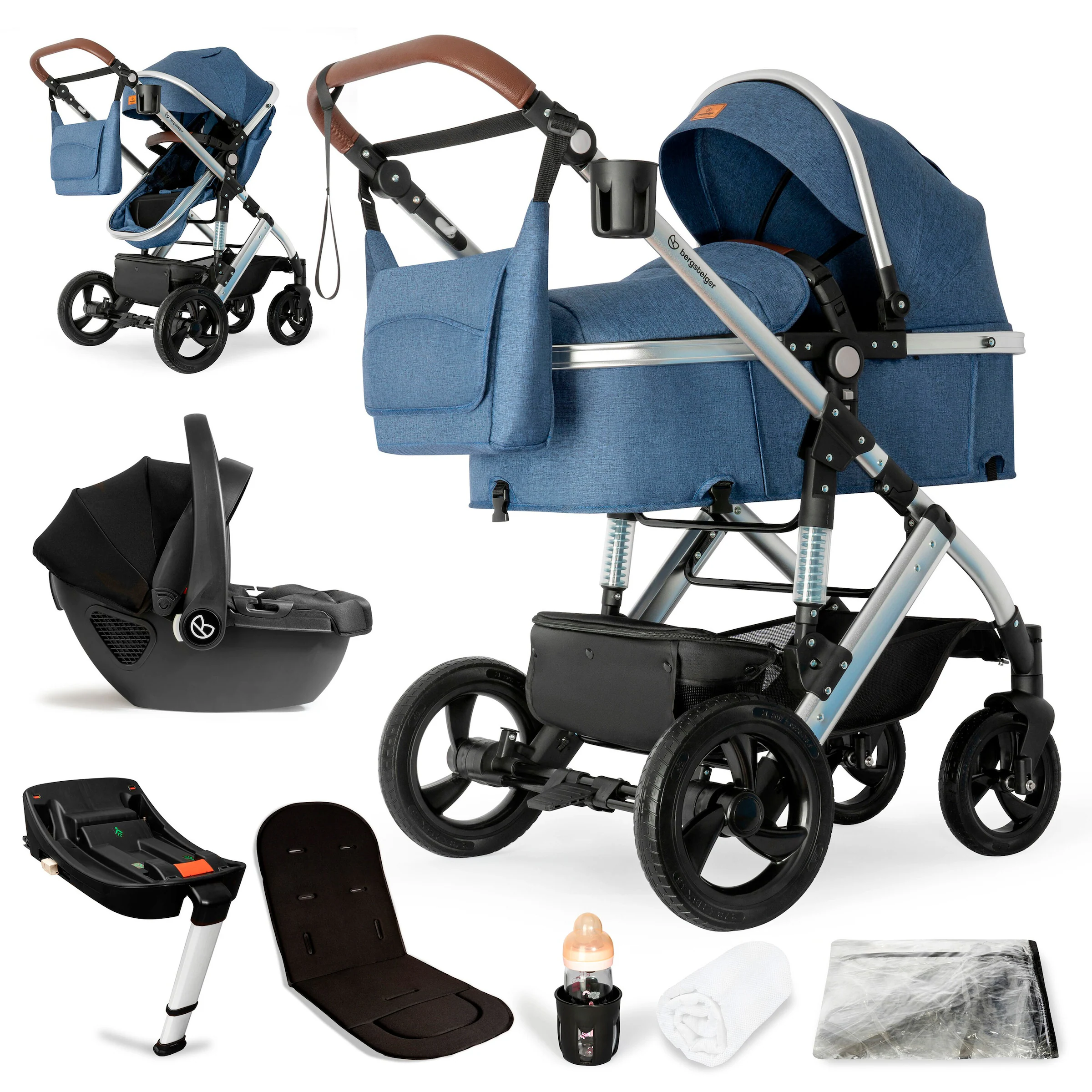 Bergsteiger Kinderwagen Nizza + Babyschale blue | Gestell: silver
