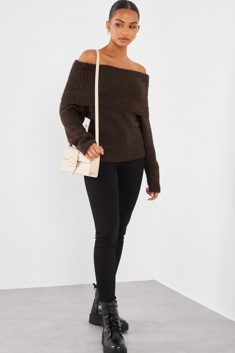 Pull col bateau en laine marron