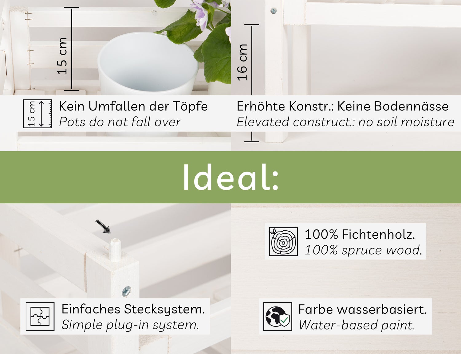 needs&wants® 3-in-1 Multifunctioneel: Houten plantenstandaard/bloemenstandaard, weerbestendig voor binnen- en buitengebruik, balkon/tuin, wandmontage, plantenplank/bloementrap, bijv. 51 x 23 x 122 cm hoog, wit