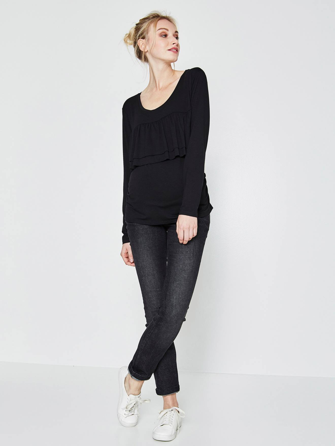 Calça jeans flare para gestante, comprimento da perna 85 cm, jeans natural