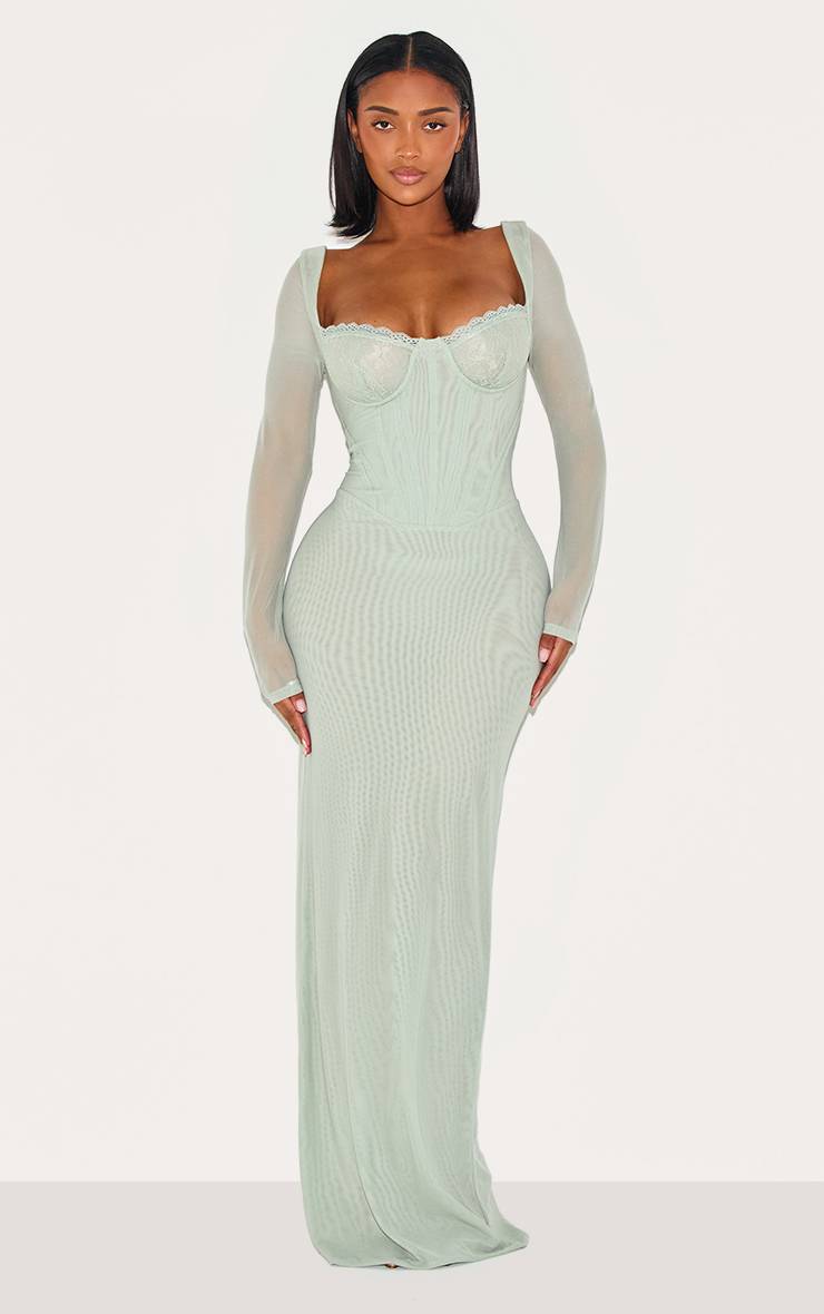 Vert Sauge Robe Longue Corsetée En Mesh Avec Empiècement En Dentelle Shape