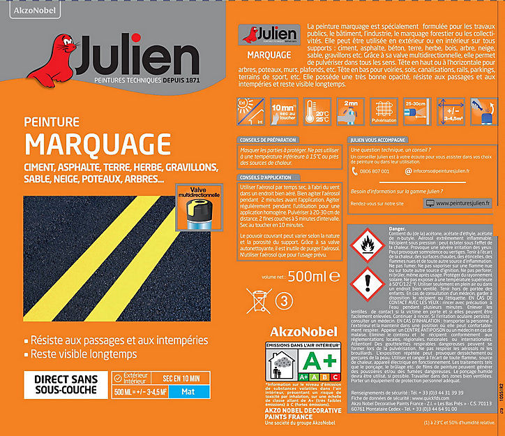 Peinture aérosol de marquage multi supports Julien fluo vert 500ml