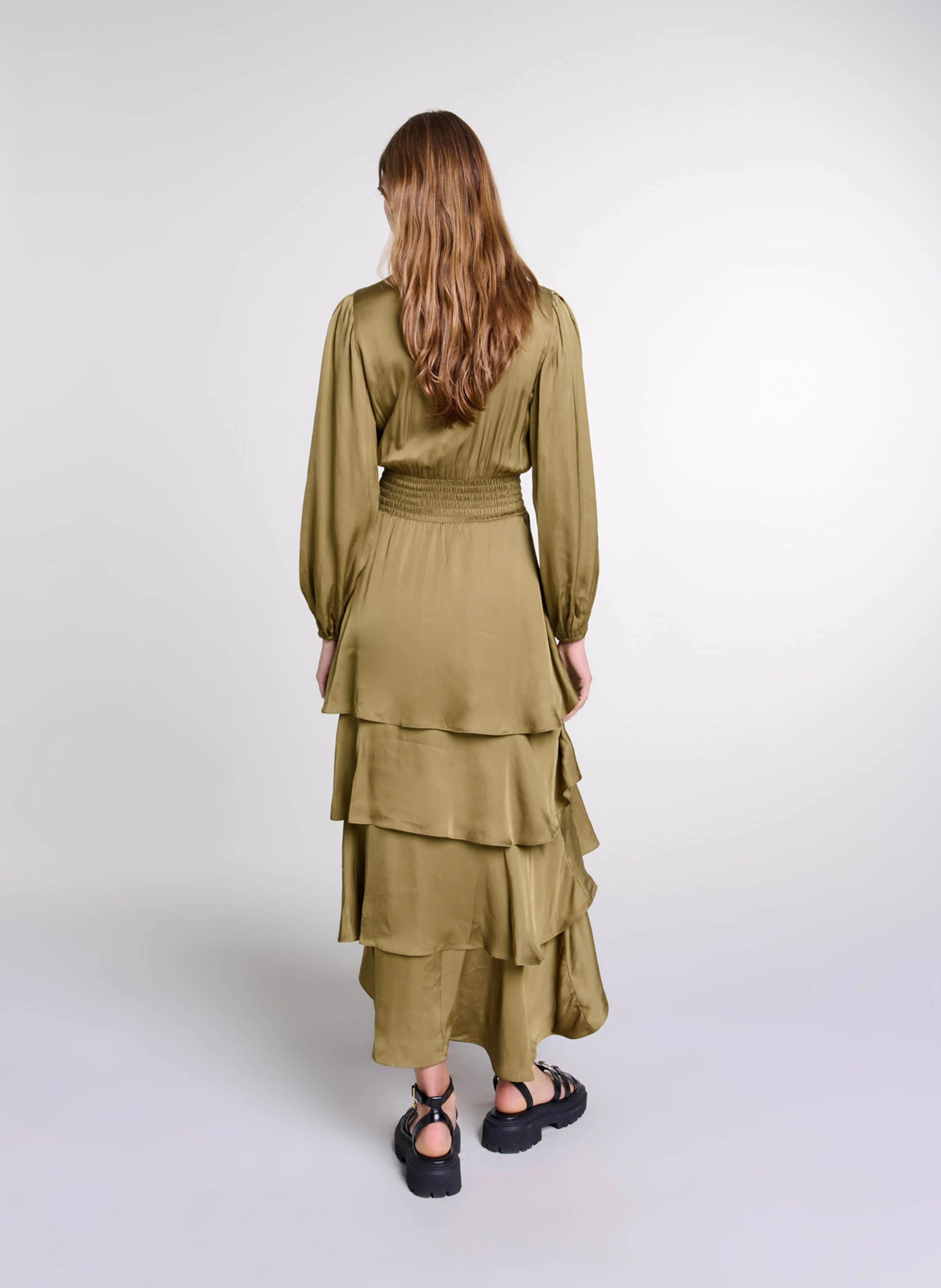 Robe longue satinée cache-cœur | Kaki